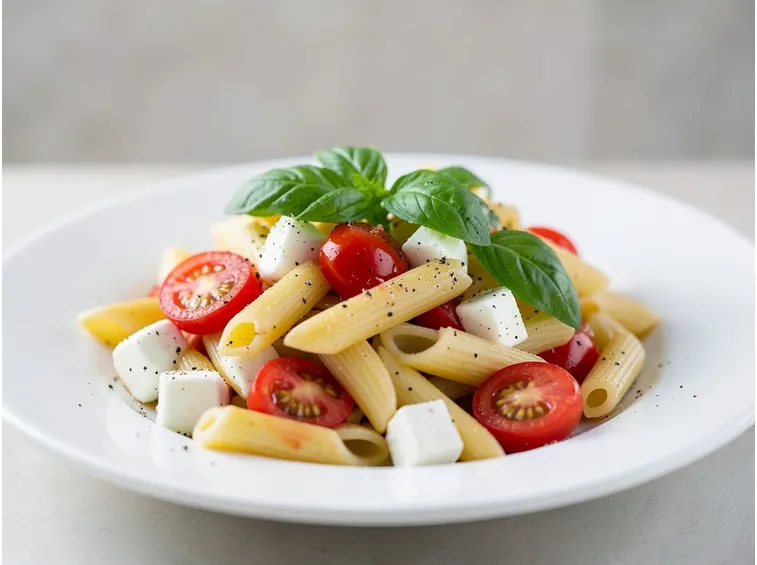 Mezze penne con pomodoro fresco, mozzarella e origano