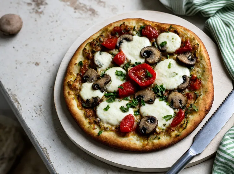 Pizza alle zucchine con pomodoro, mozzarella vegetale e verdure