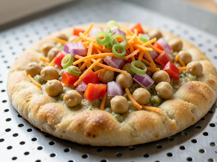 Pizza con base di ceci e arricchita con legumi e verdure