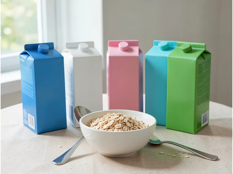 Colazione con varietà di latte vegetale e cereali
