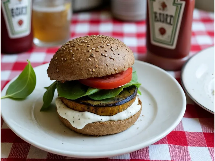 Hamburger di melanzane con pomodori e maionese