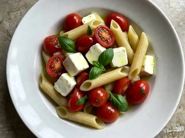 Pasta con pomodorini, mozzarella e basilico